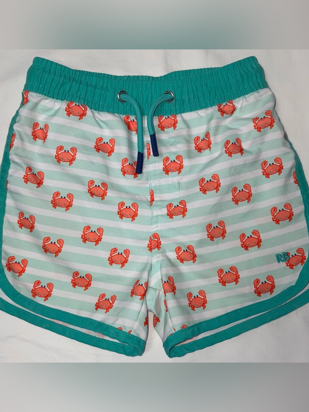 Rugged Butts green striped swim trunks with orange crab design sz 3T EUC